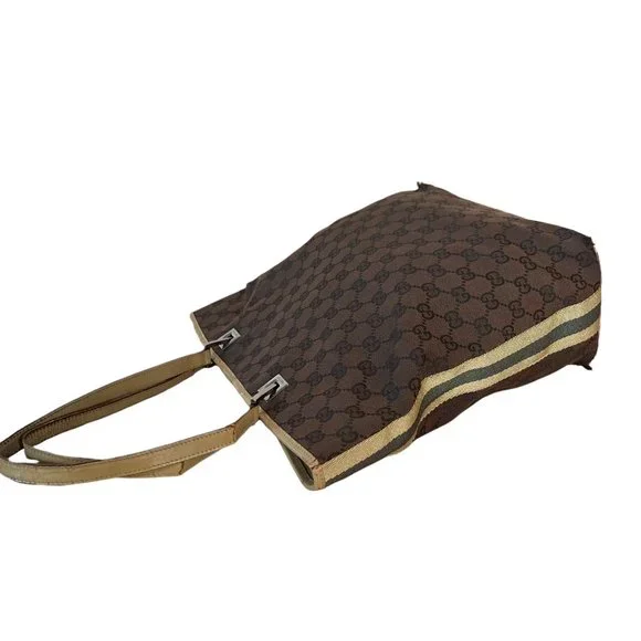 Authentic Gucci Tote Bag Brown Canvas Used GG Handbag Vintage - Picture 5 of 14